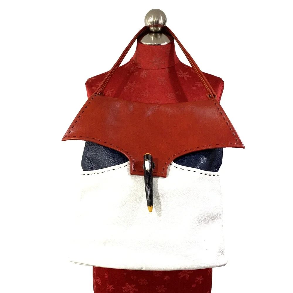 Vintage GUILD Red White & Blue Leather Purse Shoulder Bag 70s Top Stitch Fashion